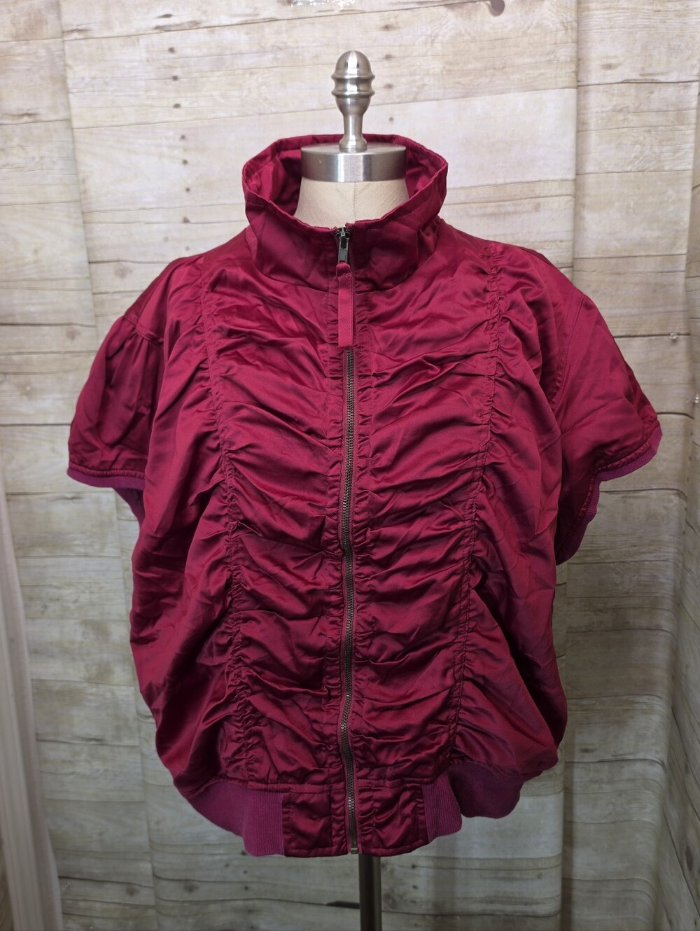 Ashley Stewart Ruched Short-Sleeve Zip Bomber Jacket in Deep Berry